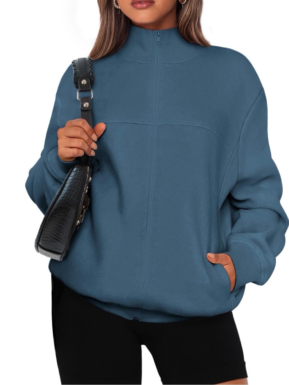 Womens Blue Zip-Front Pullover Sweatshirt